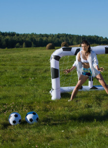 Puffy nipples young beauties playing toy soccer outdoor on the field